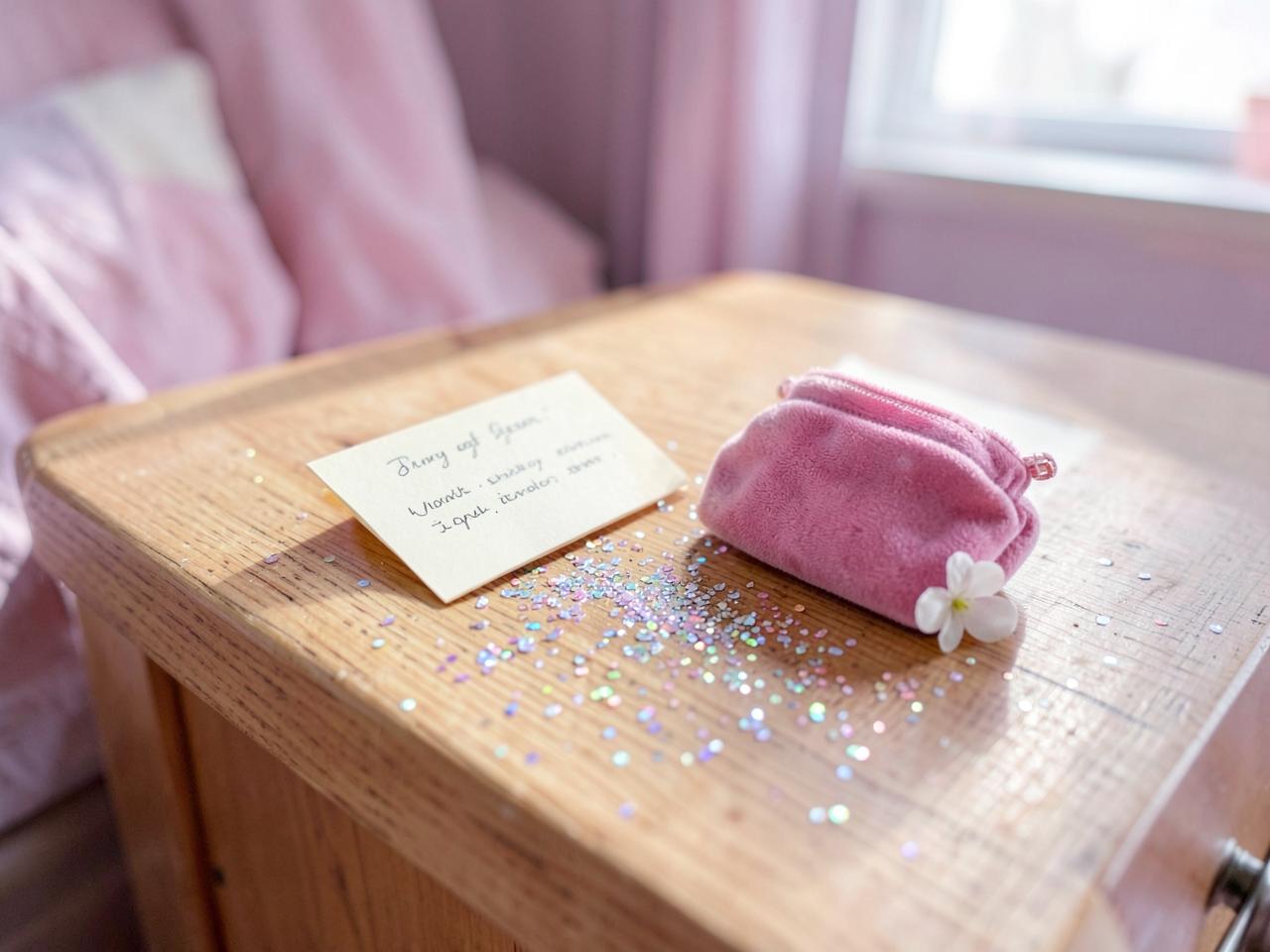 A note, a little pouch and a trail of fairy dust across the bedside table.