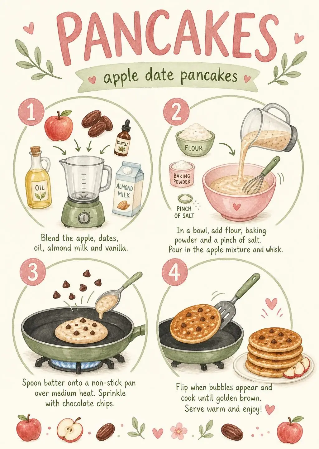 Apple date pancakes picture recipe (2 page A4 PDF) printable for kids