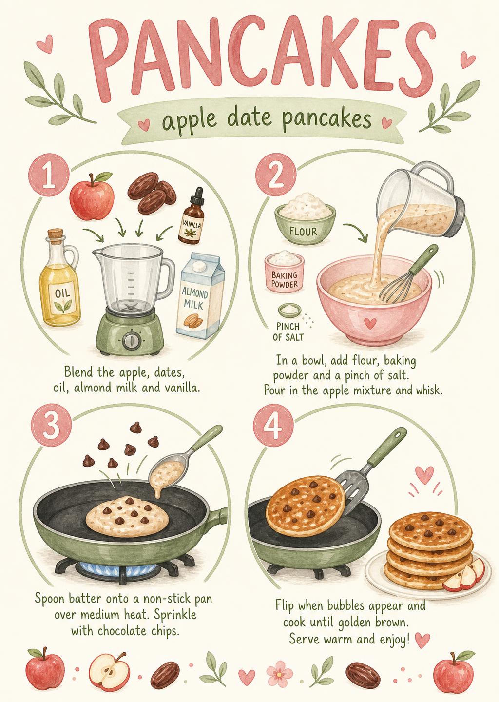 Apple date pancakes picture recipe (2 page A4 PDF) printable for kids