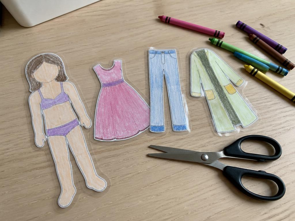 A laminated paper doll and her wardrobe, cut with a clear sealed border.