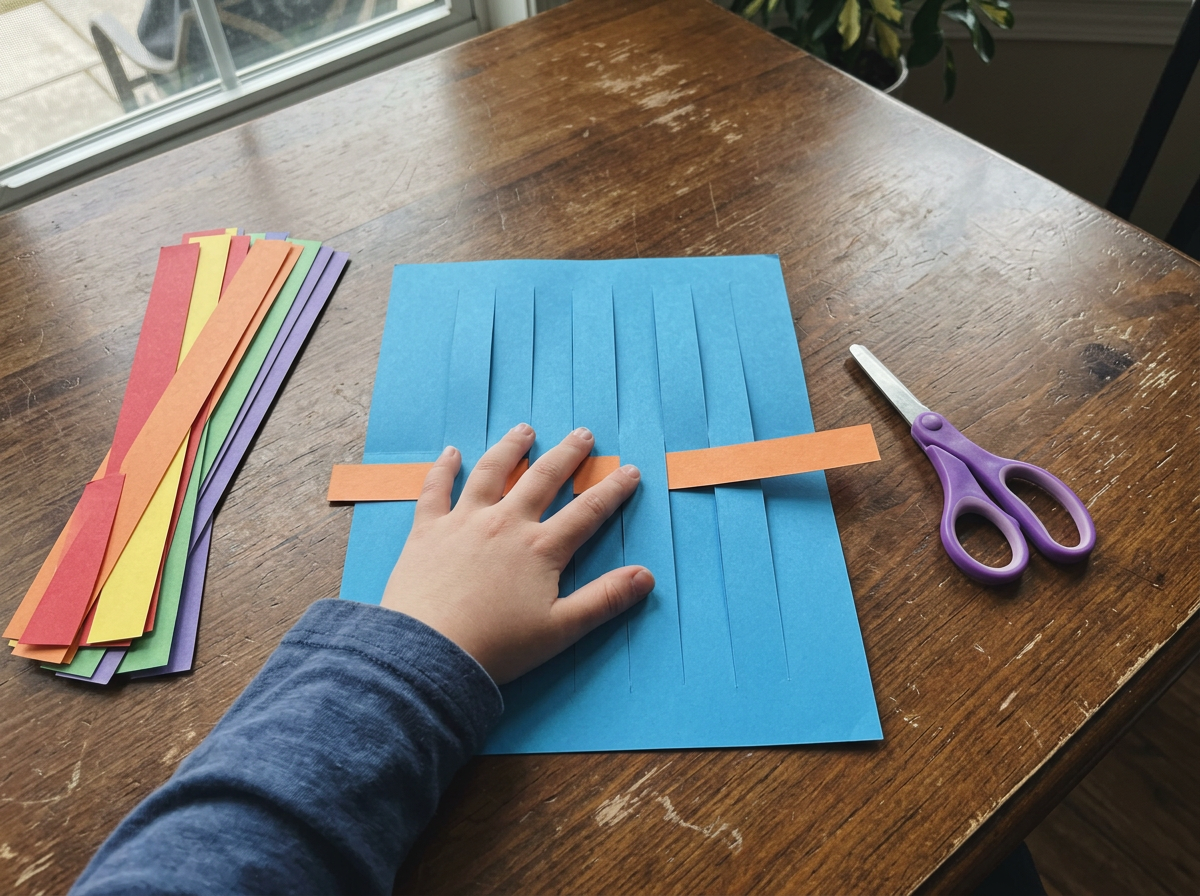 Bright strips and a slotted base ready to weave