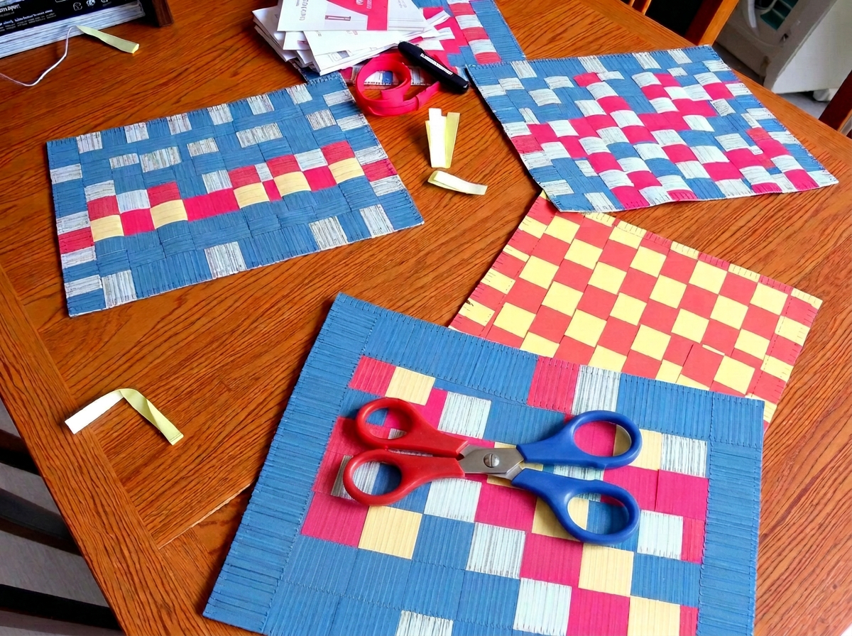 Finished woven mats in cheerful checkerboards