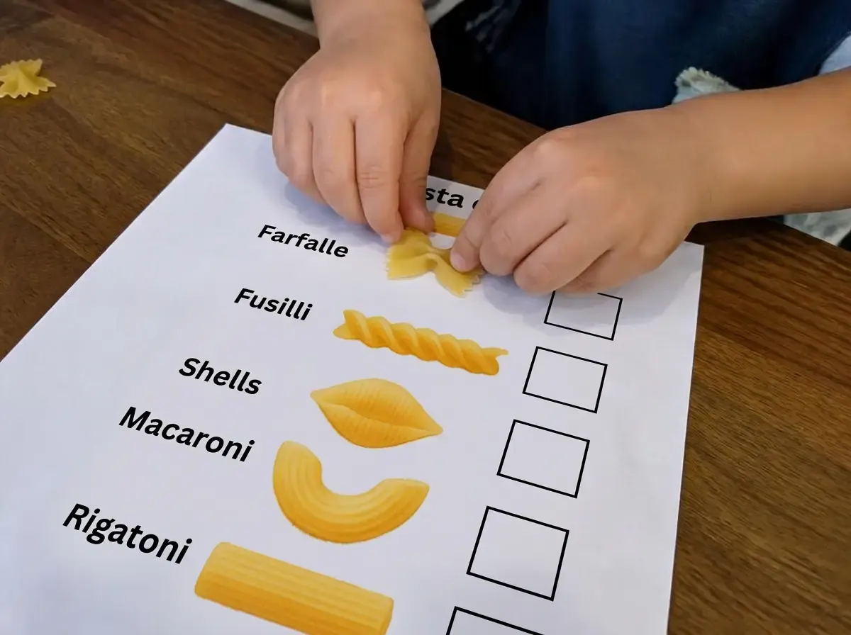 Matching a real farfalle to its picture on the sheet.