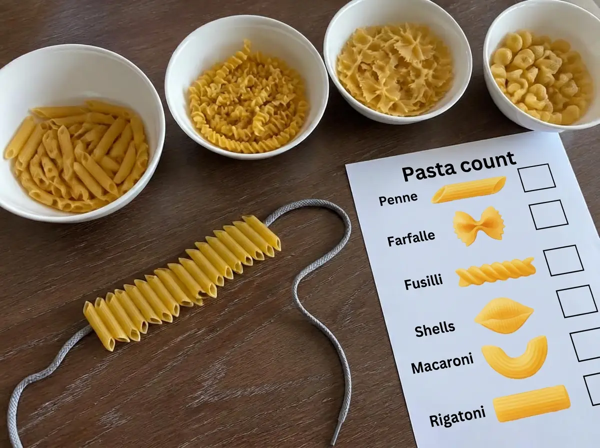 Threading penne onto a shoelace, counting as they go.