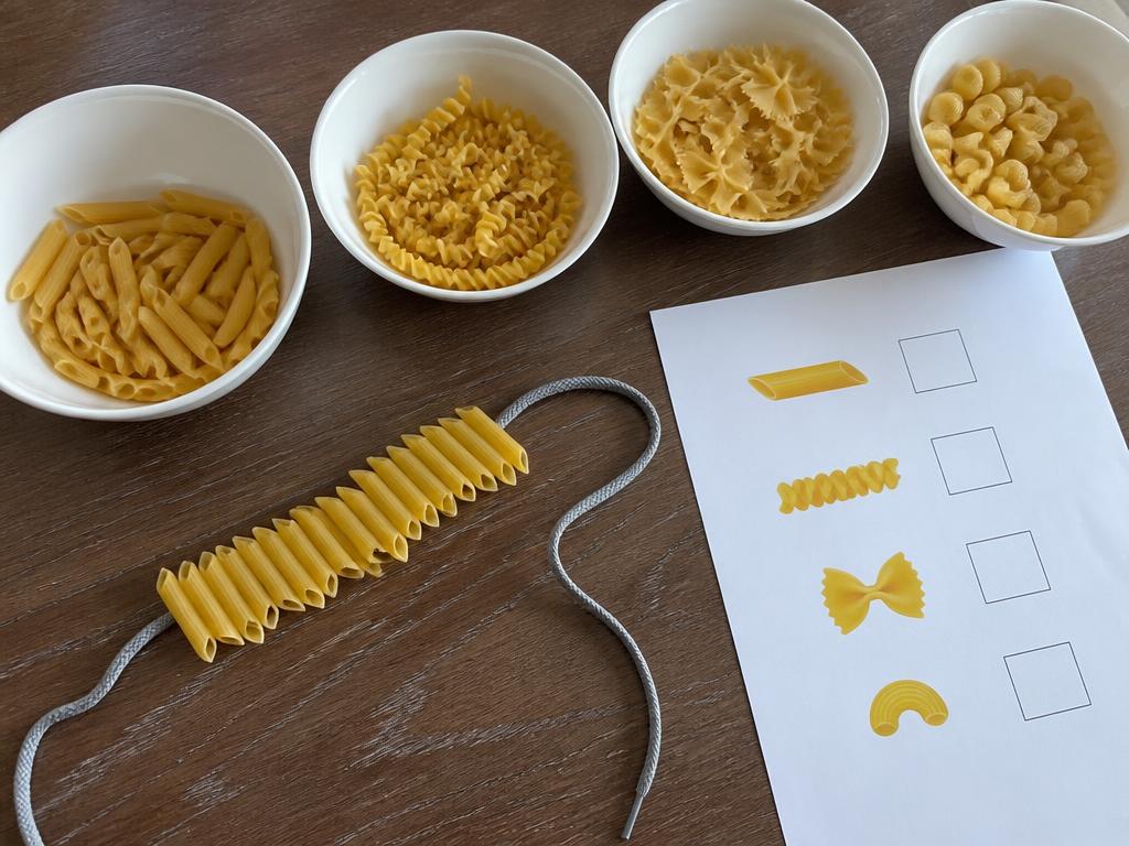 Threading penne onto a shoelace, counting as they go.