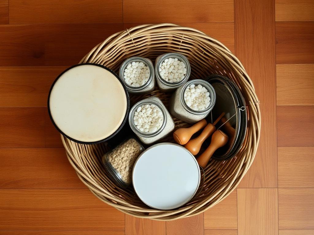 Drum, shakers, claves and triangle, all in one basket.