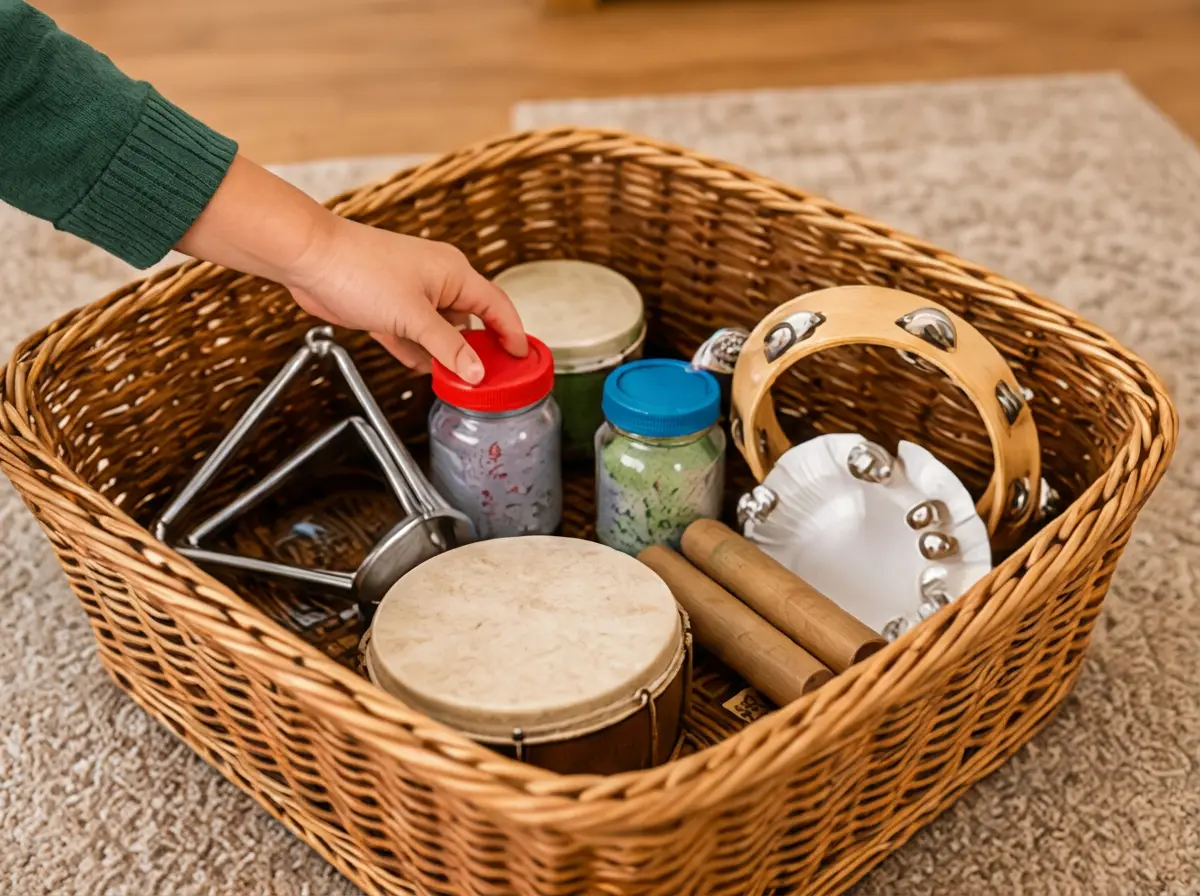 Drum, shakers, claves and triangle, all in one basket.