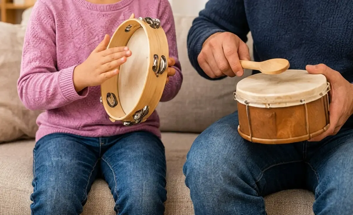 A tambourine and a little drum, taking turns to lead the beat.