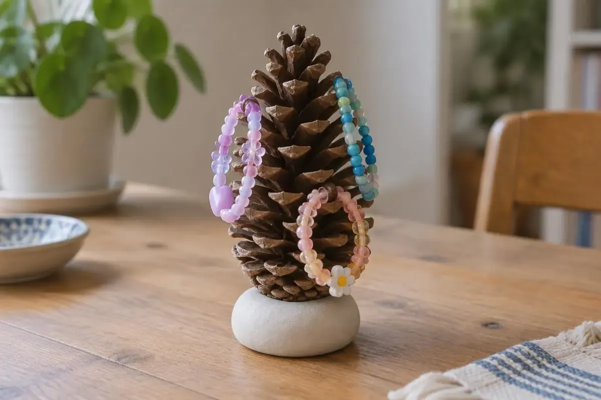 A closed cone in a clay base holds a whole morning's beaded bracelets.