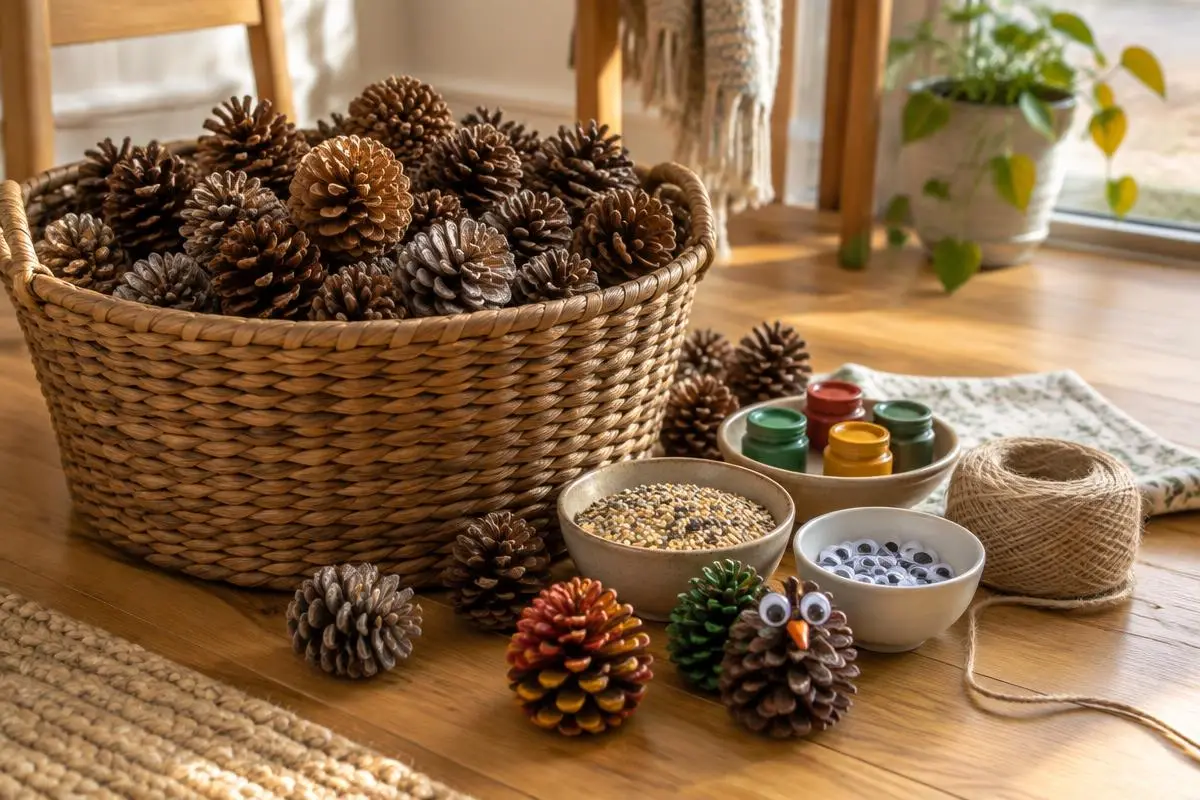The basket by the door: cones in every size, paint, twine and birdseed.
