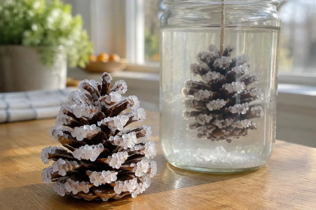 Crystals grow overnight on a cone hung in borax solution.