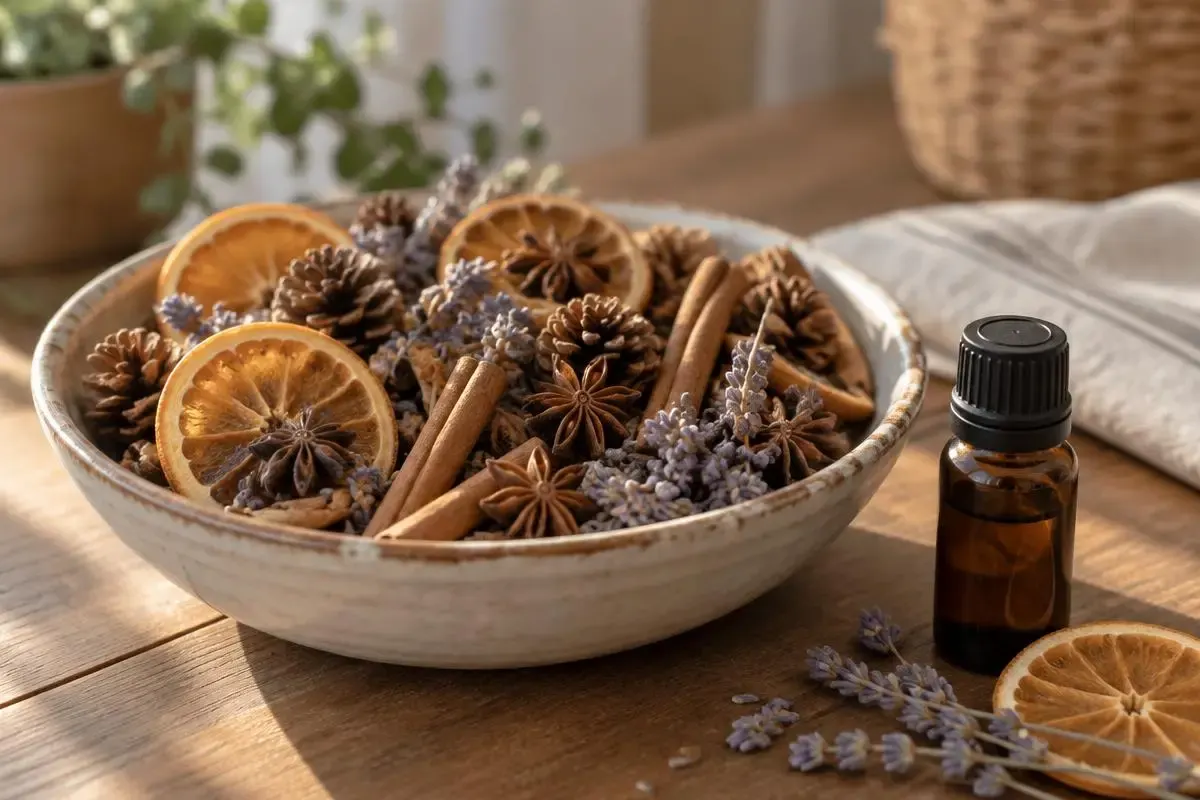 Cones, dried orange, cinnamon and lavender — a bowl they can arrange themselves.
