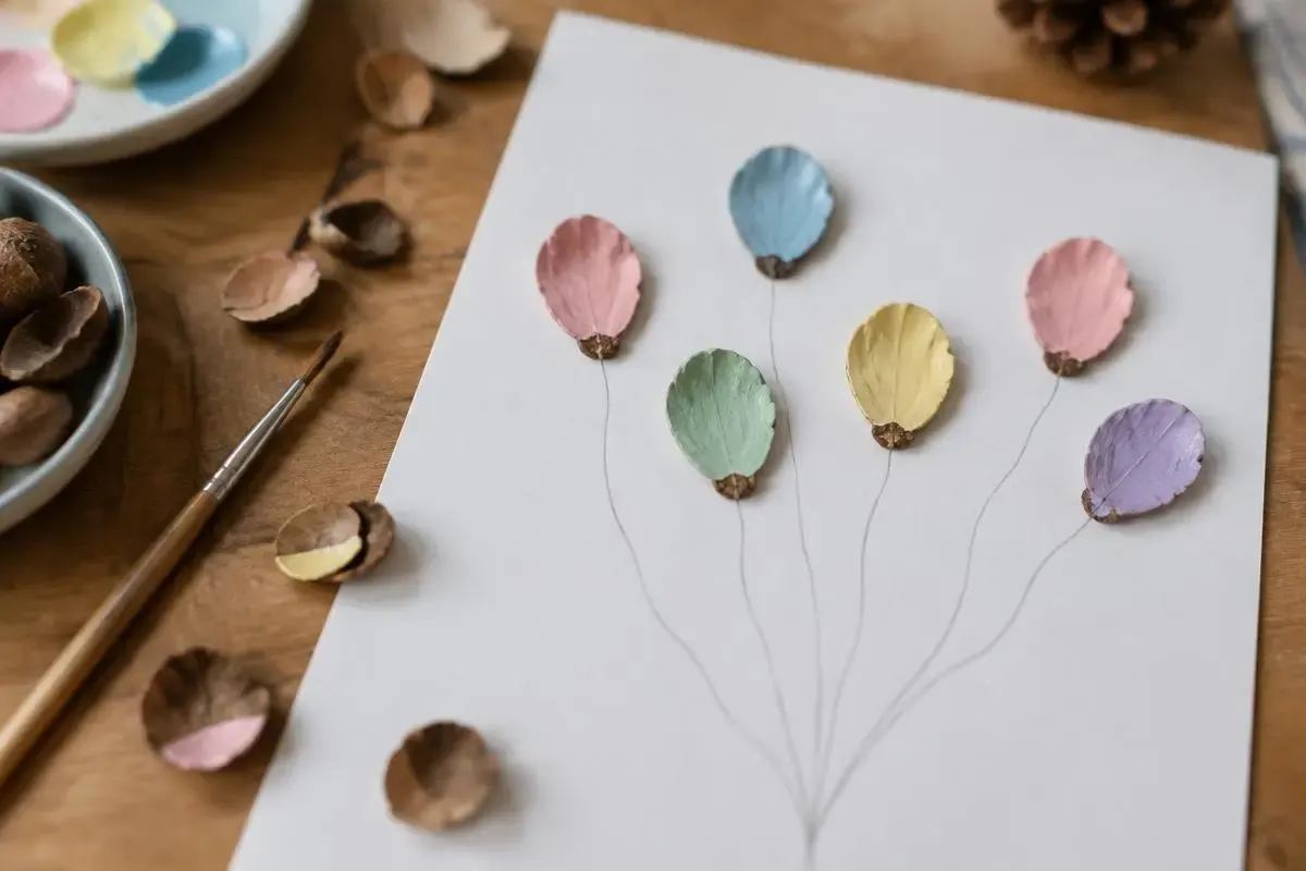 Six painted scales and six pencil strings — a balloon bunch that stands off the page.