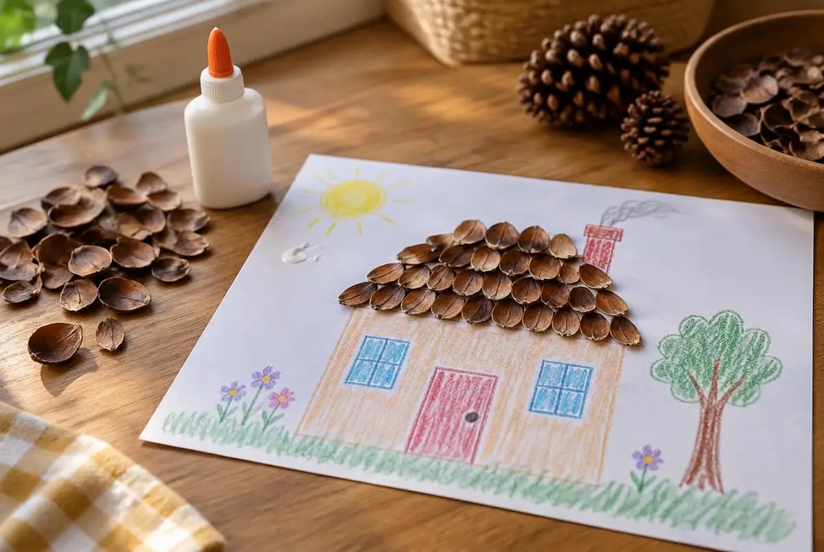 Scales glued in overlapping rows make a roof that stands off the page.