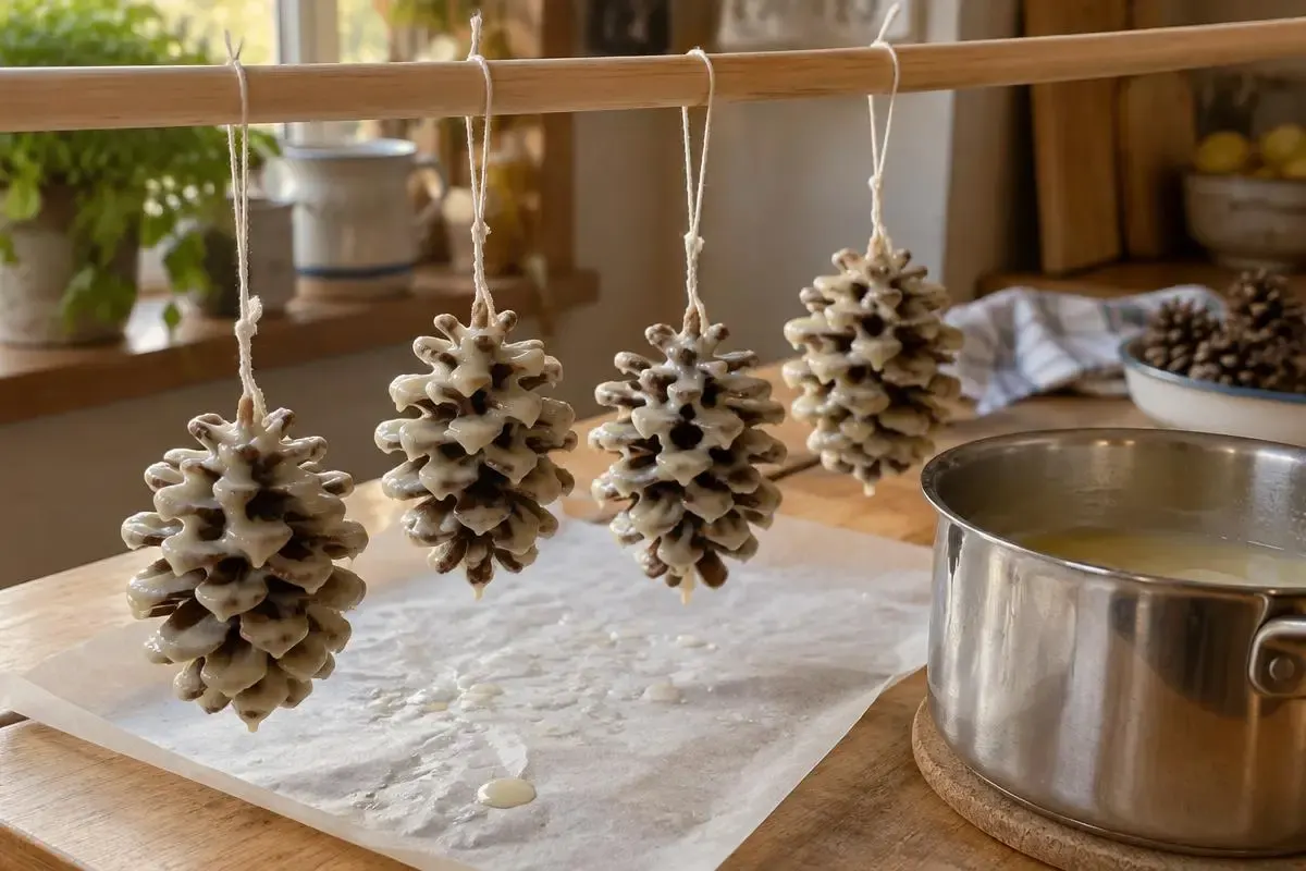 Dip, lift, wait — ten times over, then hang them to cool.