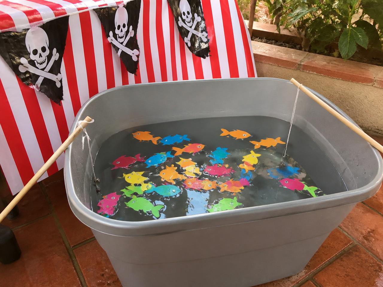 A washing tub, water, paper fish and two magnet rods.
