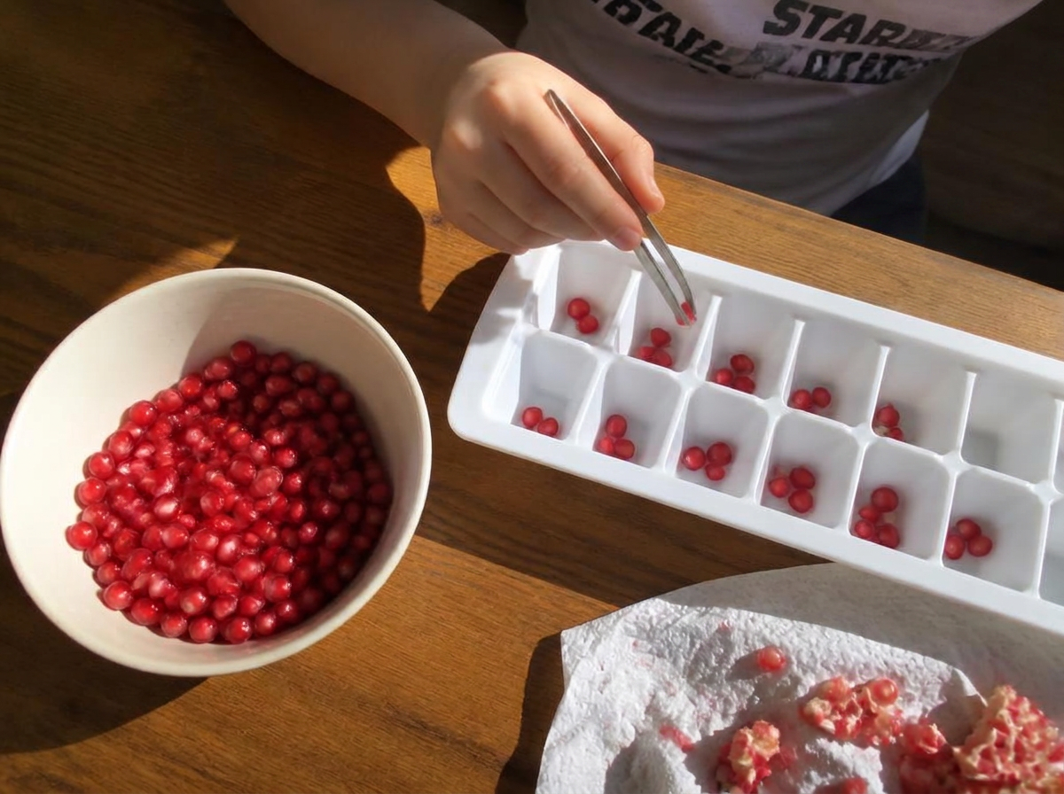 Tweezers plus an ice cube tray turns a snack into twenty minutes of focus.