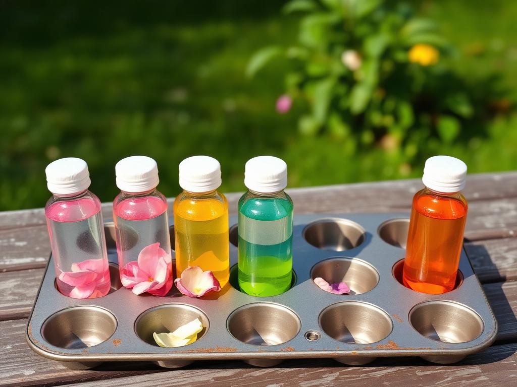 Six tubes of coloured water, petals settling at the bottom.
