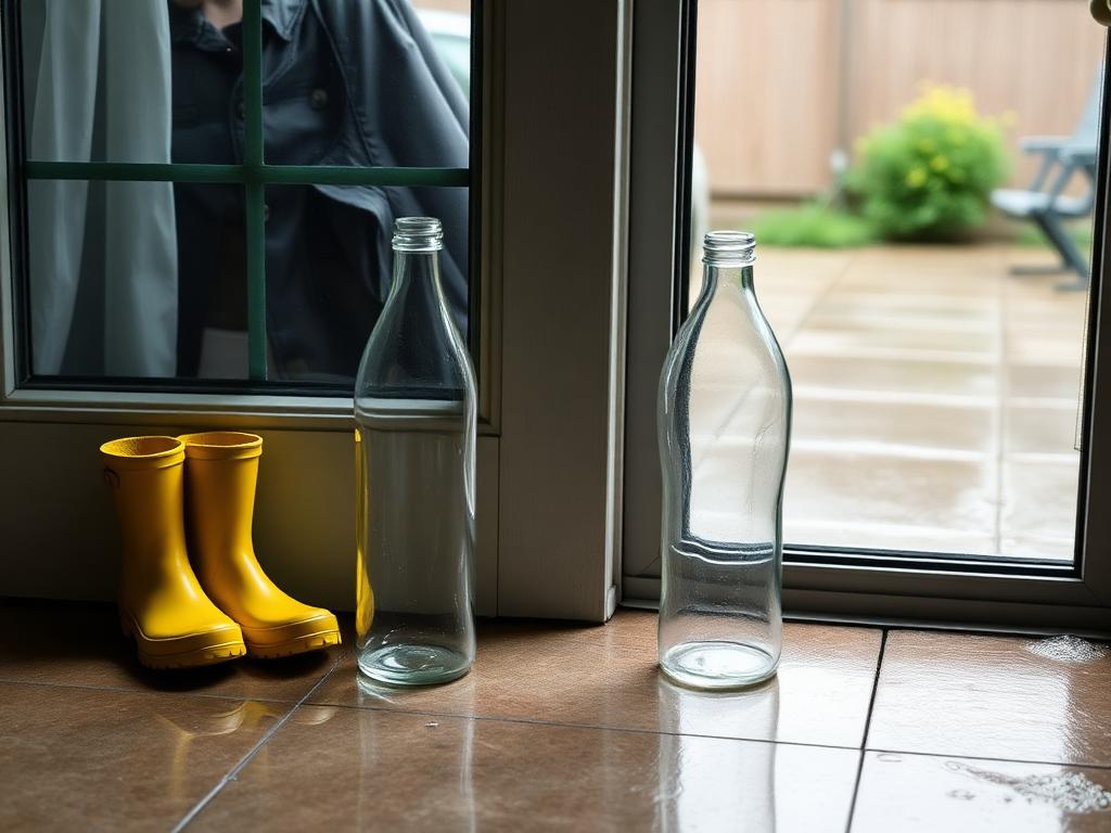Boots, coat and a cut-off bottle by the back door.
