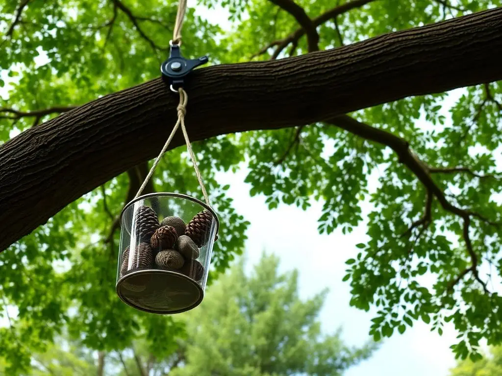 The bucket halfway up, loaded with pinecones and stones.