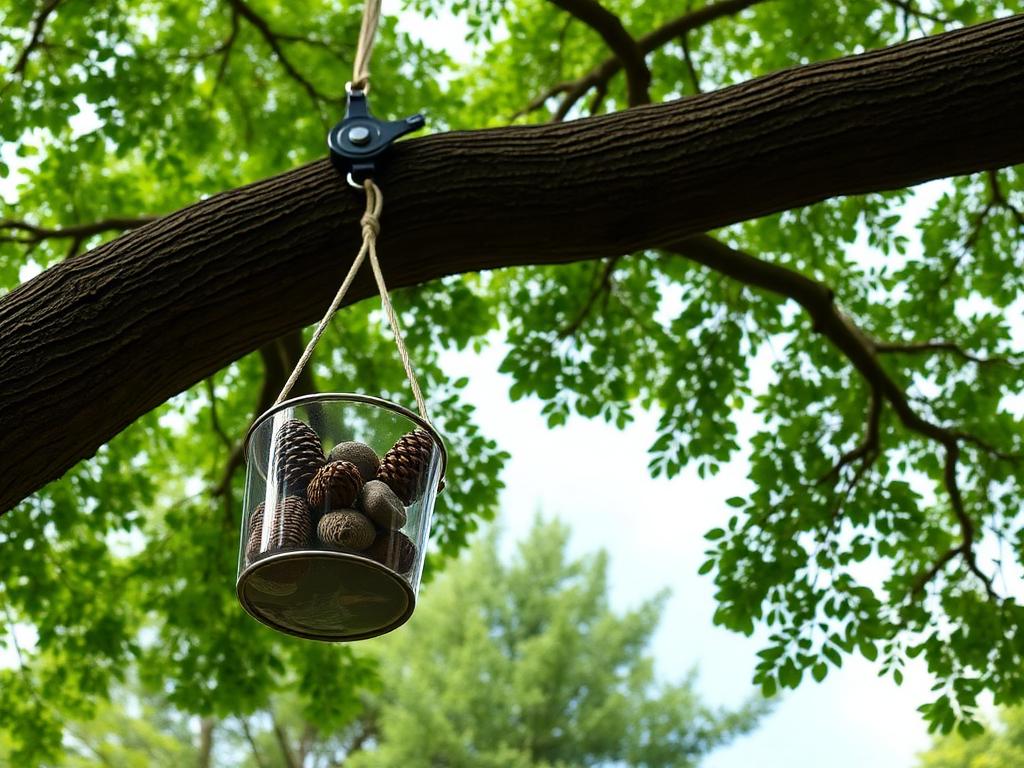 The bucket halfway up, loaded with pinecones and stones.