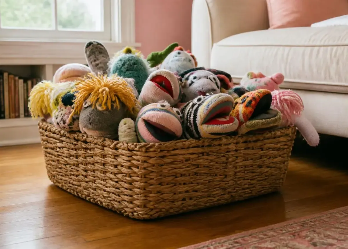 The basket by the couch, ready for a show at any moment