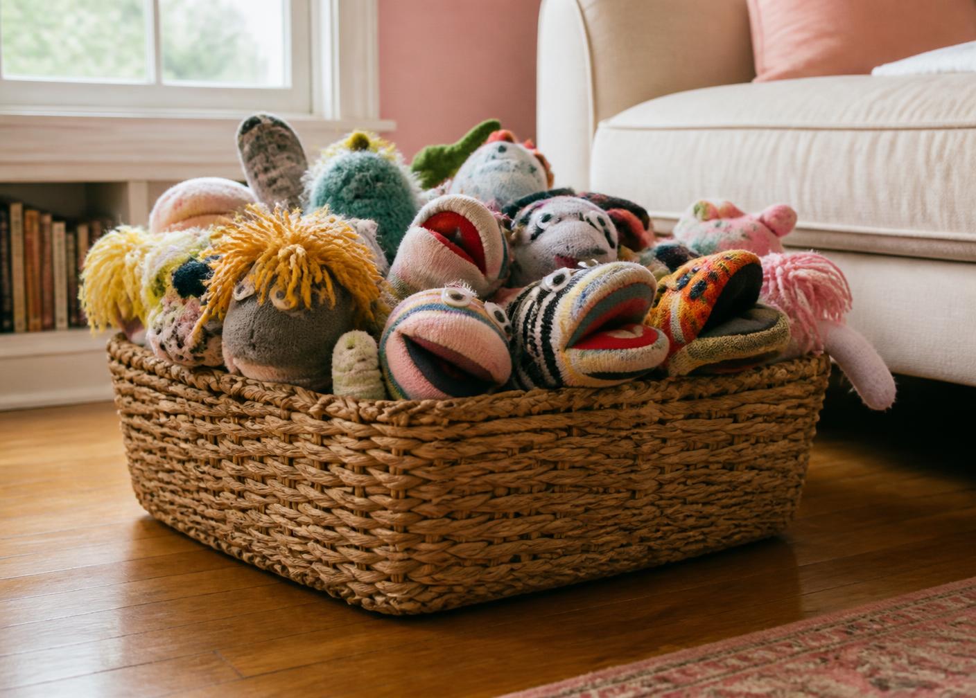 The basket by the couch, ready for a show at any moment
