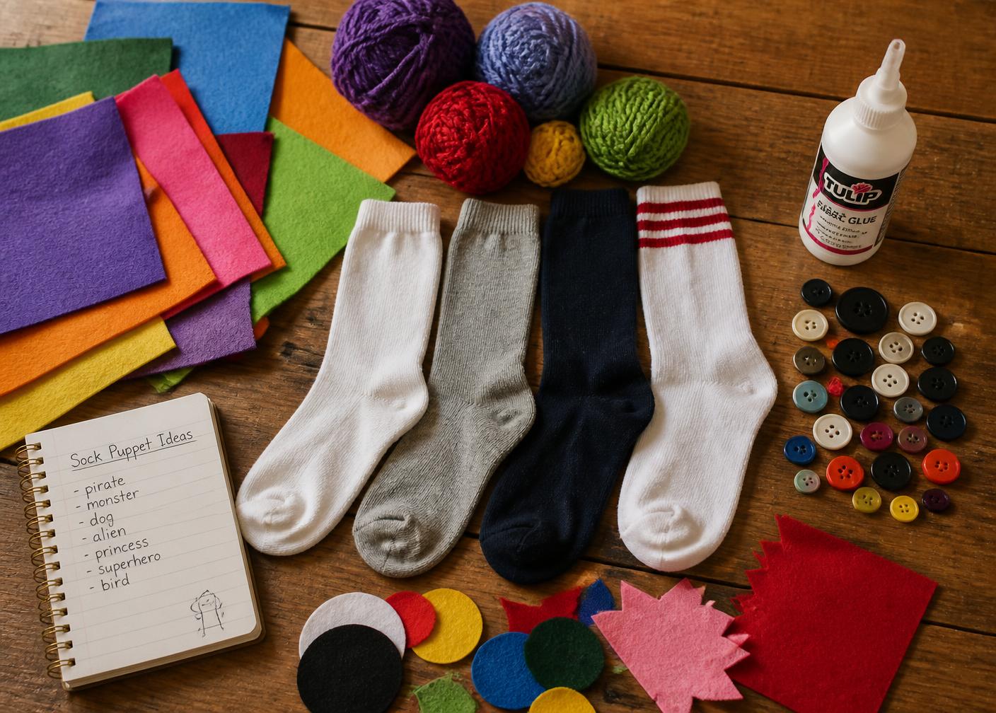 Socks, felt, buttons and yarn for making a new character