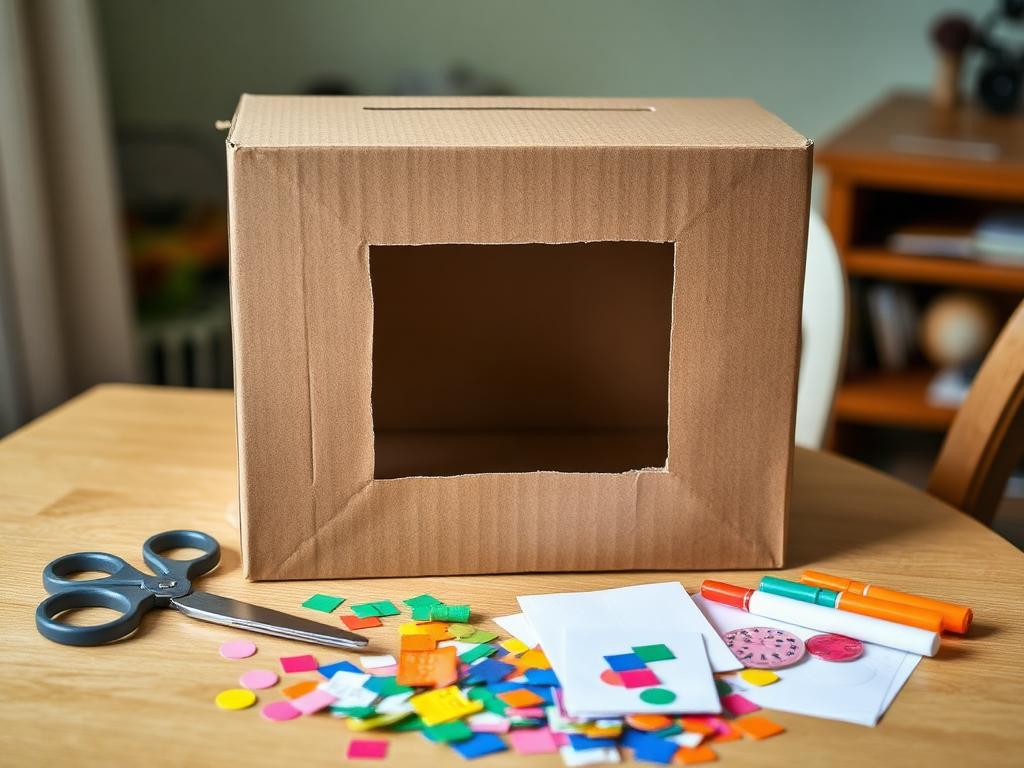 Cut the stage window first — scissors, box, and a table full of decorations.