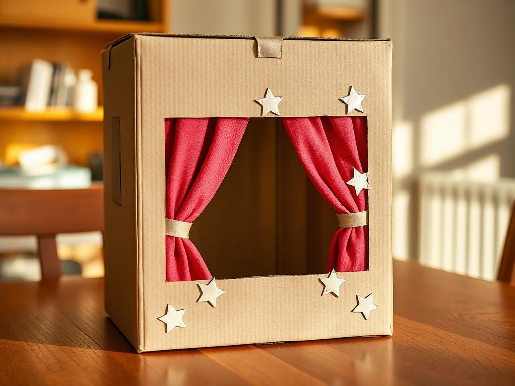 Curtains taped on and paper stars stuck around the frame.