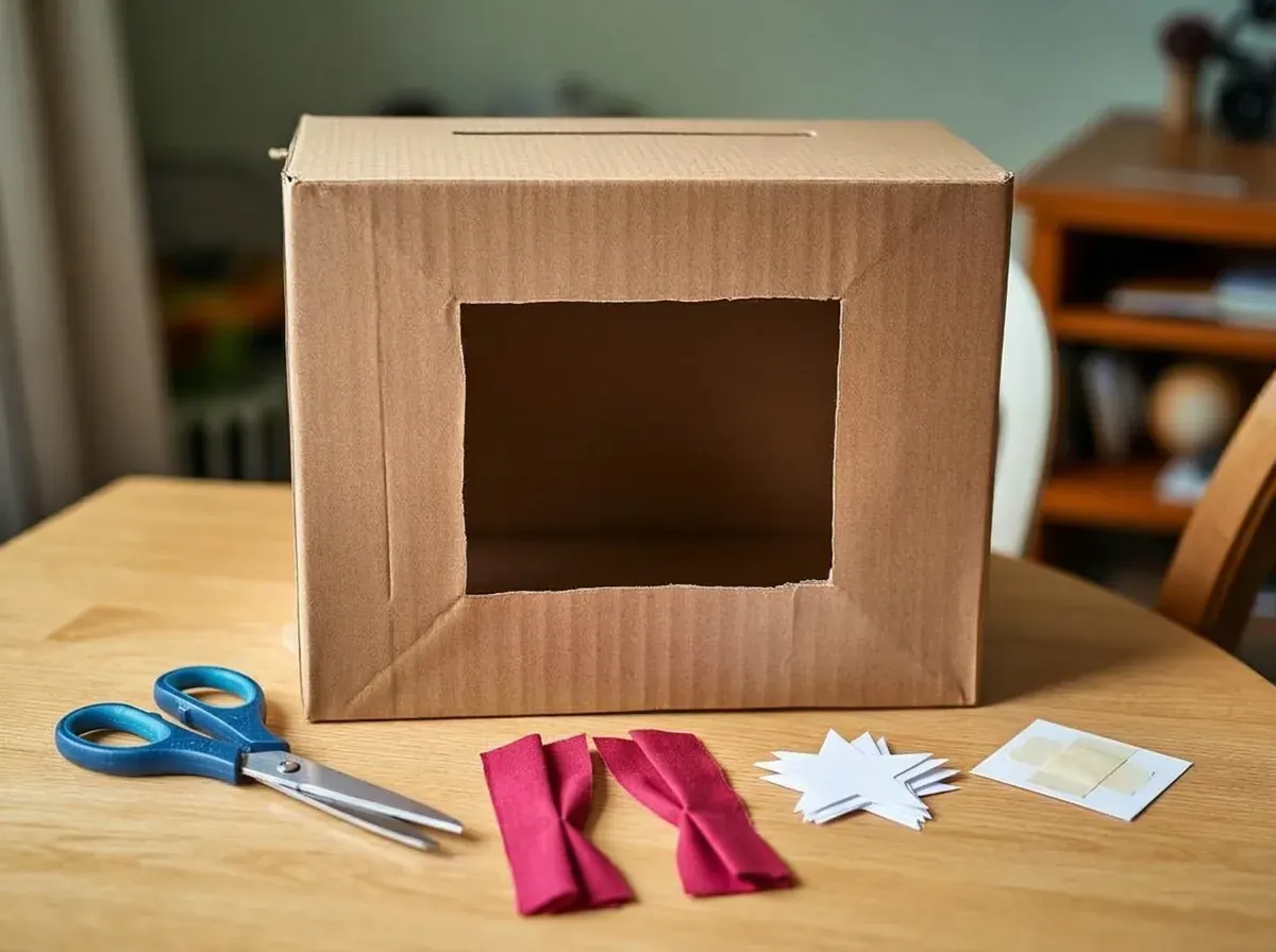 The stage window is ready, with red fabric and paper stars waiting to decorate the box.
