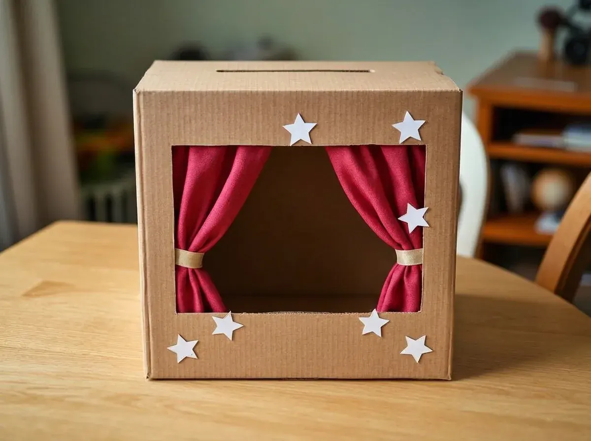 The same box, now dressed with red curtains and the white stars from the table.
