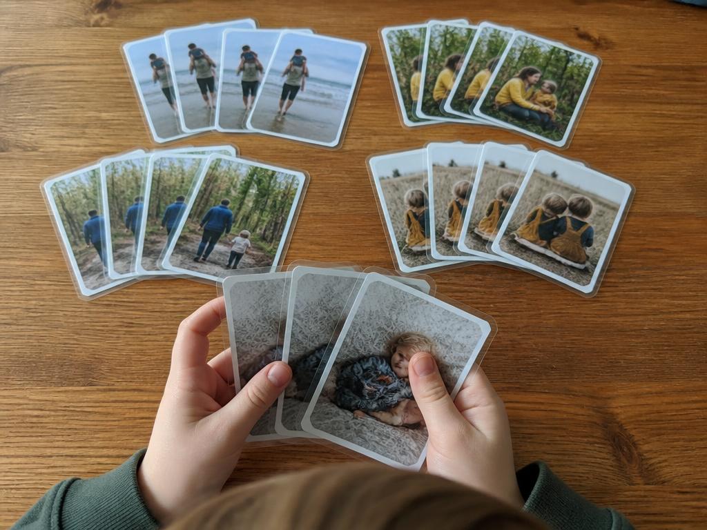 A homemade quartet deck — four cards per family, all laminated so they last.