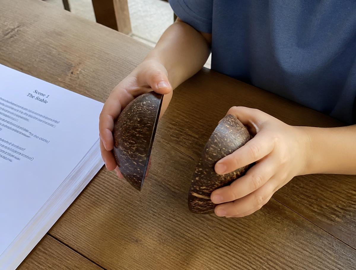 Coconut shells on a wooden table: the hooves of a very small horse.