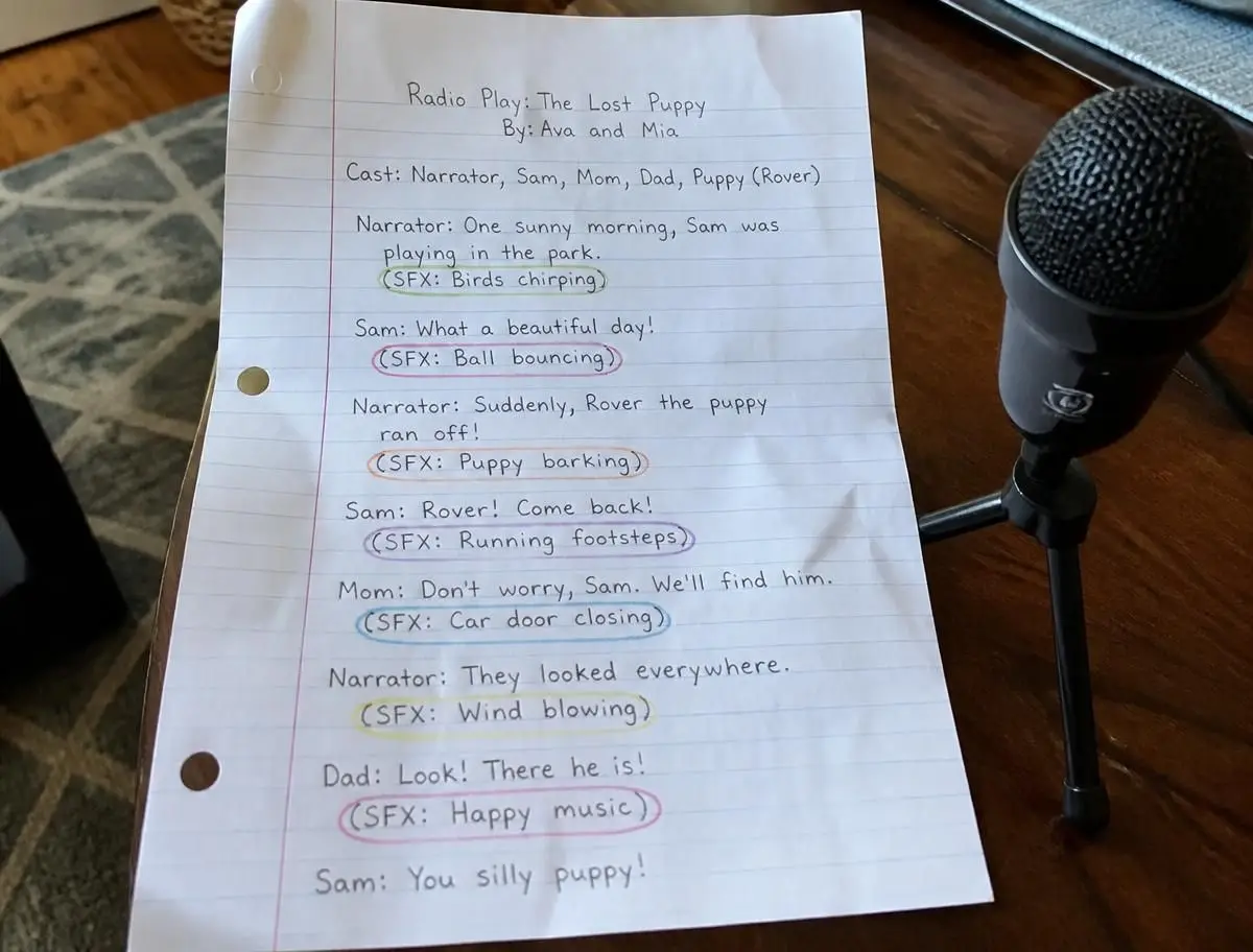 The script with every sound cue circled in colour.