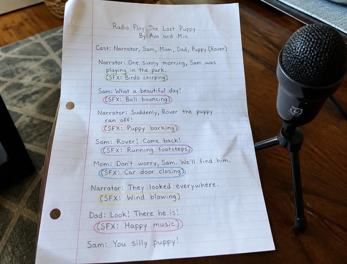The script with every sound cue circled in colour.
