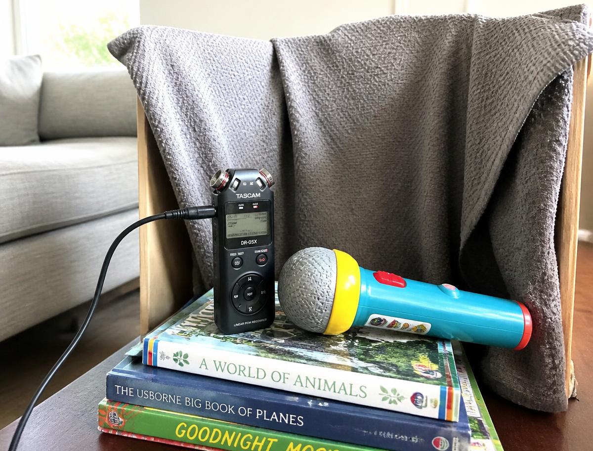 The whole studio - a recorder, a microphone and a blanket for the echo.