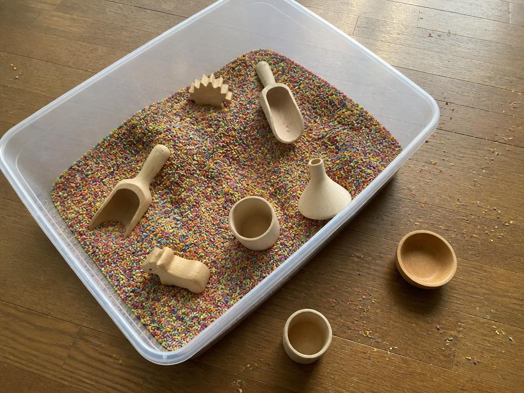 The bin set up with scoops, cups and a funnel — and rice on the floor