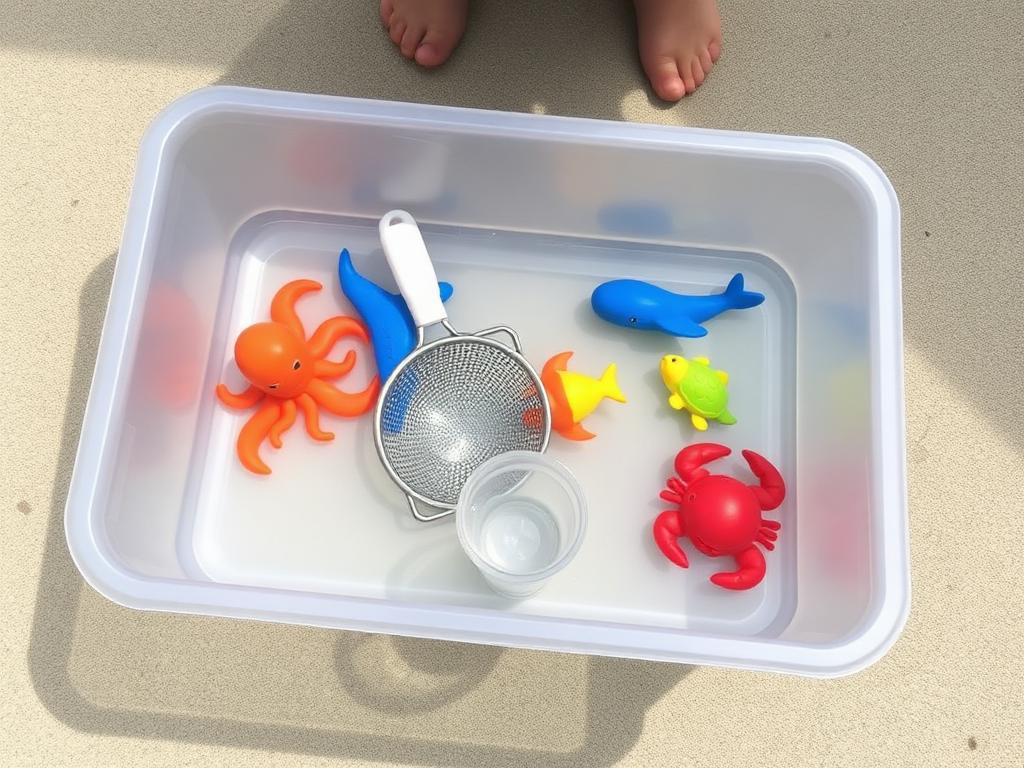 Tub half full, figures in, strainer and straws waiting.
