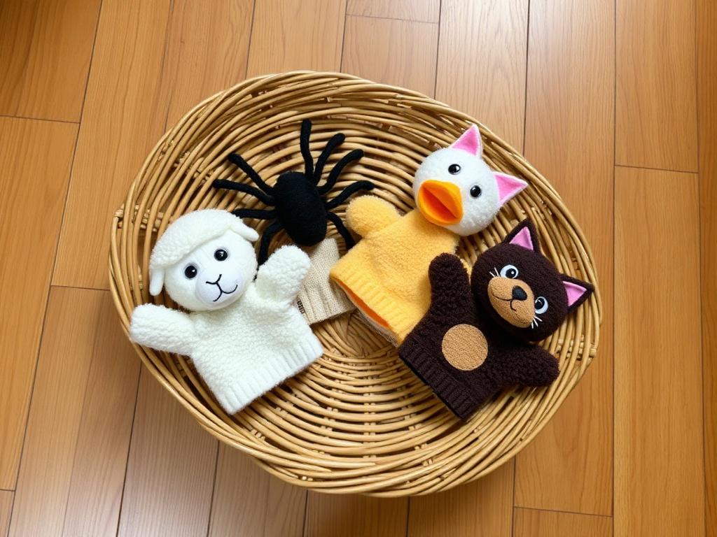 Four puppets for four rhymes, waiting in the basket.
