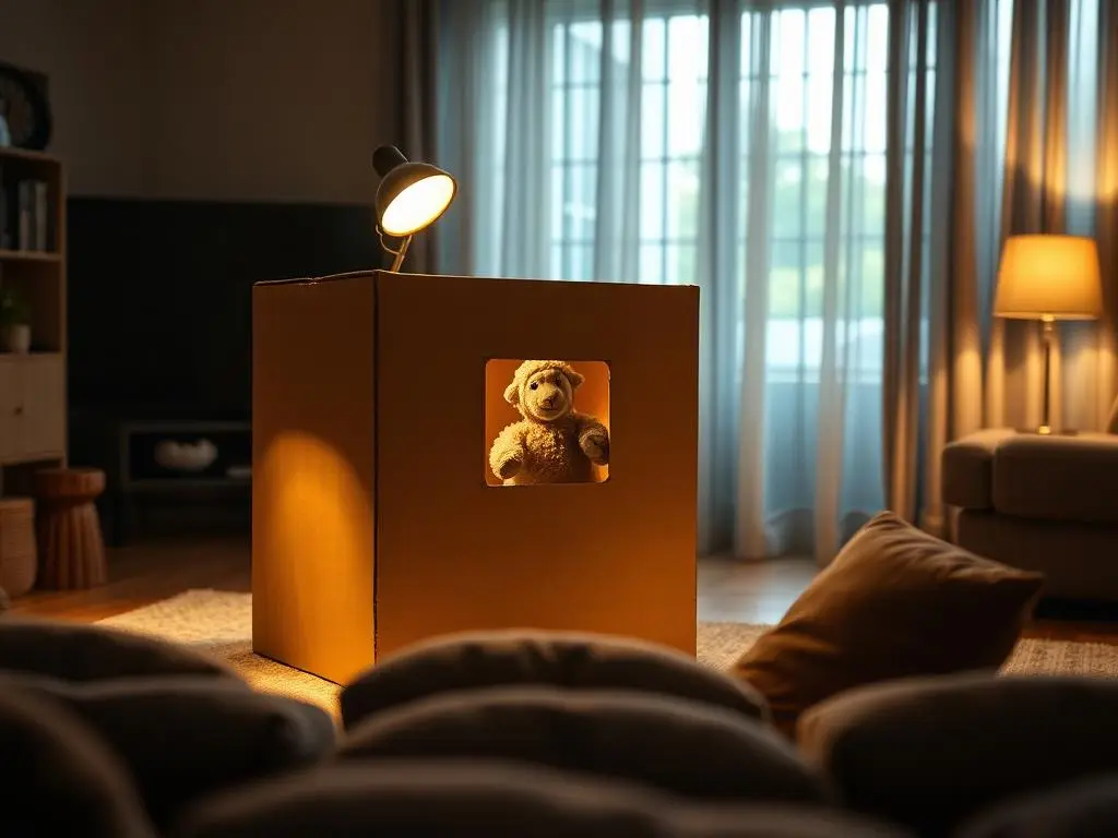 A lamp on top of the box and the cushions lined up for the audience.