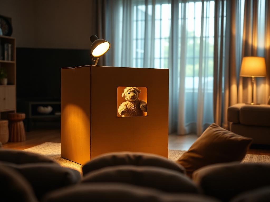 A lamp on top of the box and the cushions lined up for the audience.