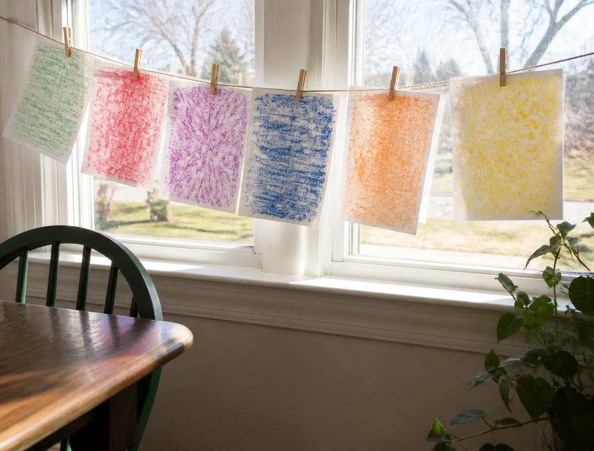 Finished rubbings laid out for the guessing game.