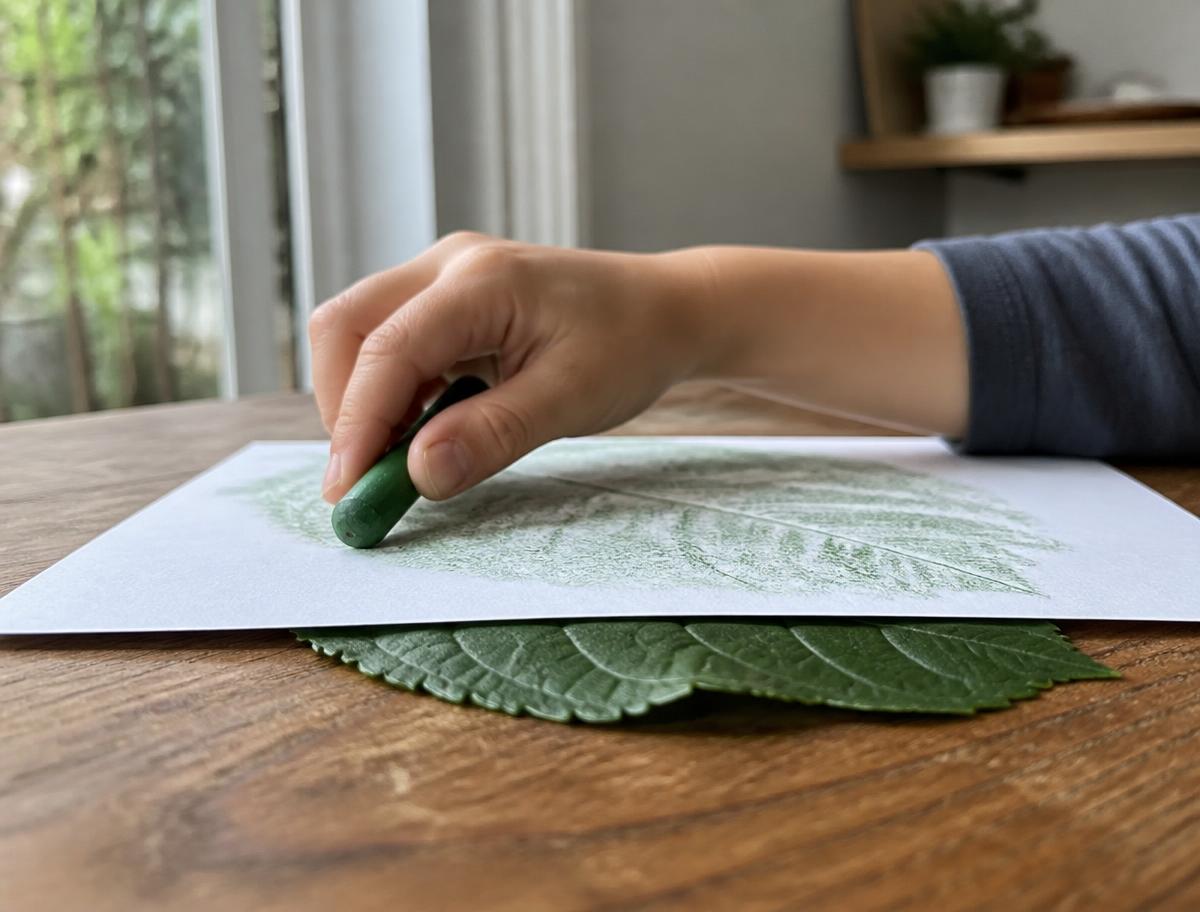 Flat side of the crayon, paper held still — that is all there is to it.