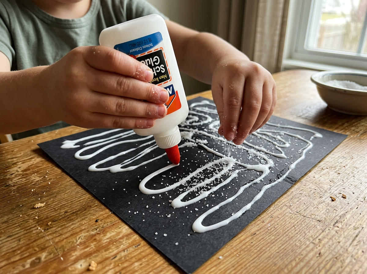 Glue lines on dark paper, then a generous pour of salt