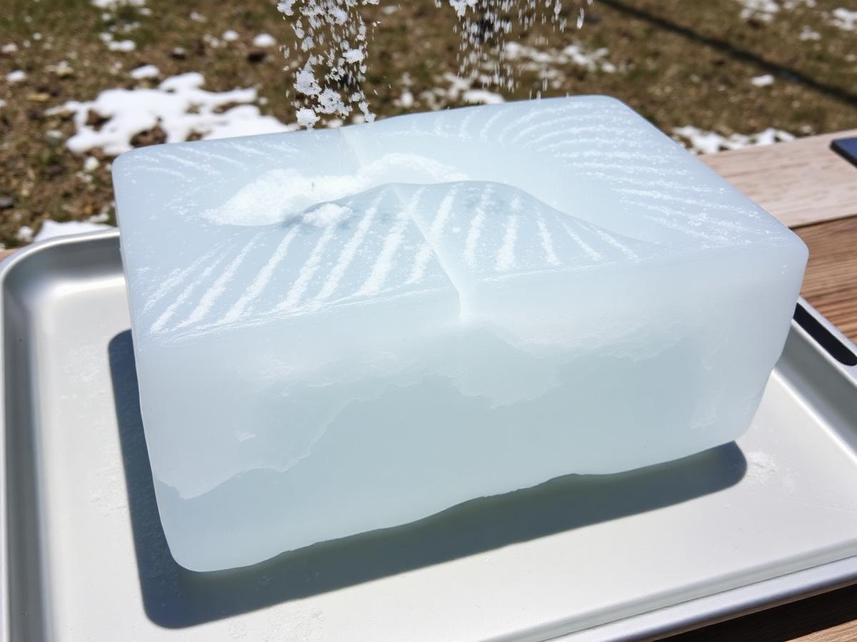 Salt sprinkled over a big block of ice, carving tunnels
