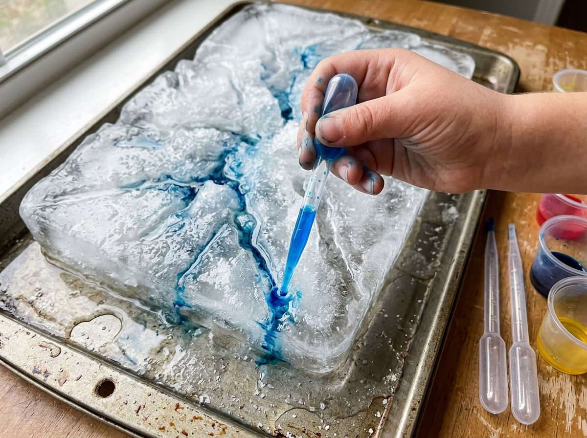 Watercolor dripped in and running through the melted channels