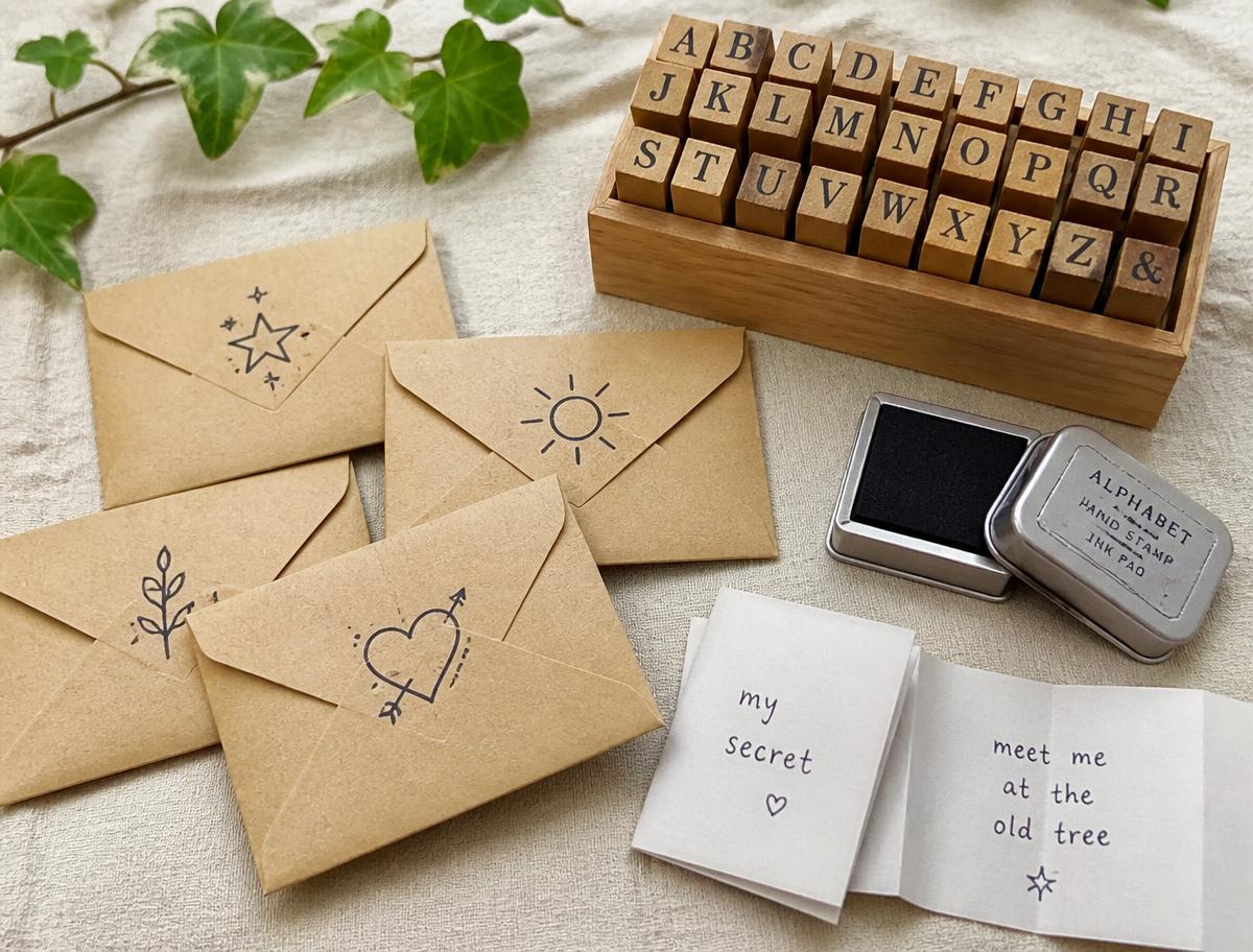 Stamped messages folded into kraft envelopes and hidden around the house.