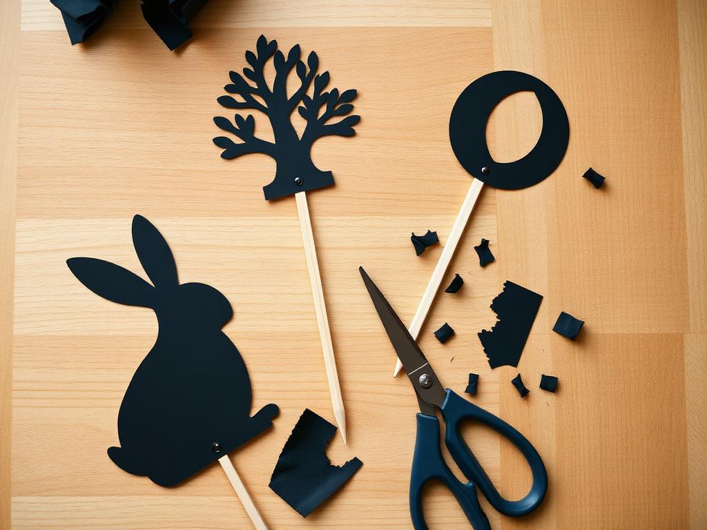 Black silhouettes cut out and taped onto skewers.