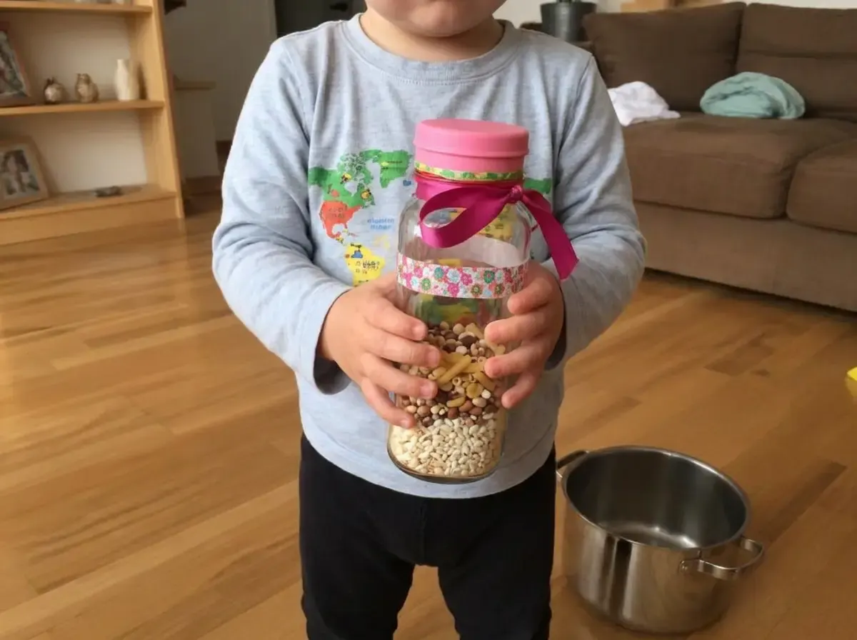 The same decorated shaker, now full of rice, beans and pasta. Around the room we go: shake, march, freeze.